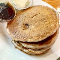 Vegan strawberry pancakes - fresh strawberries inside the pancakes at The Sentient Bean in Savannah