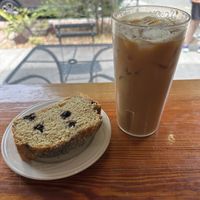 Lemon blueberry poppyseed loaf (vegan) + lavender iced latte with oat milk  at The Sentient Bean in Savannah