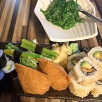Tofu sushi, asparagus sushi, avocado tempura rolls, avocado and cucumber maki. Seaweed salad.  at Sakura Japanese Restaurant in Belfast