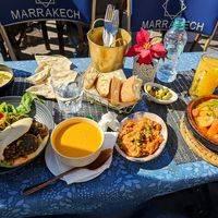 Tajine vegetables, falafel, hummus, zaalouk, vegetable soupp  at Malah Café & Restaurant in Marrakech