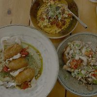 Sticky tofu, broad bean croquettes and mushroom toast   at Kin Restaurant in London