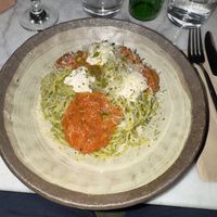 Courgette and pistachio spaghetti  at Kin Restaurant in London