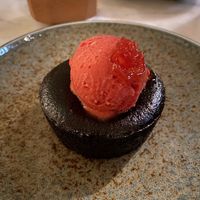 Chocolate Fondant & Raspberry  at Kin Restaurant in London