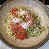 Spaghetti with burrata at Kin Restaurant in London