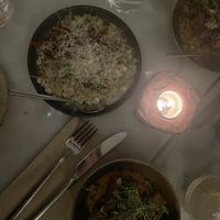 Risotto to the left and sticky tofu to the right  at Kin Restaurant in London