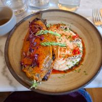 Miso-glazed aubergine (with asparagus & cauliflower mashed) at Kin Restaurant in London