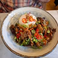 Broccoli & oyster mushrooms, with rice at Kin Restaurant in London