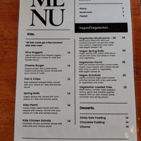 Menu with vegan options at Miners Gold Brewery in Beaconsfield