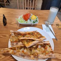 Soy meat & cheese pide and ayran. at Vegan Masa - Kadikoy in Istanbul