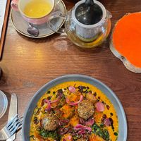 Bombay Aloo and muhamarra falafel sandwich at GEM Café in Ingleton