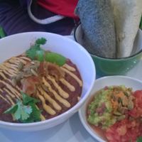 Vegetable chilli with cashew cheese, salsa, guacamole and blue flour wraps at Wildebeest in Falmouth
