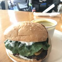 Avocado Jalapeno Cheeseburger with split pea soup  at Higher Taste Plant Based in Long Beach