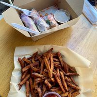 Vietnamese spring rolls and sweet potato friess  at Higher Taste Plant Based in Long Beach