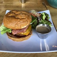 BBQ Bacon Beyond Burger with side salad at Higher Taste Plant Based in Long Beach