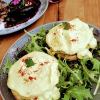 All vegan pancakes and eggs bene at Kaiaroha Vegan Deli and Eatery in Auckland