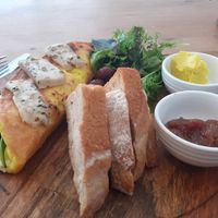 Field mushroom omelette  with homemade butter & relish at Kaiaroha Vegan Deli and Eatery in Auckland