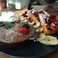 Lots of fruit and waffles! at Kaiaroha Vegan Deli and Eatery in Auckland