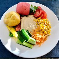 Hummus, salad and breads at Aqua Cafe in Dubai