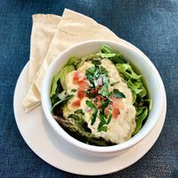 Moutabal salad with Arabic bread at Aqua Cafe in Dubai