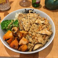ALKALIZING BOWL.
rice with shiitake mushroom, broccoli, sauerkraut, hiziky, pan fried tofu, roasted squash and tahini miso dressing.  at Lu-Ma Cafe in South West London