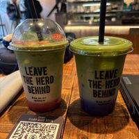 Iced oat strawberry matcha latte and iced oat blueberry matcha latte at Black Sheep Coffee Dundee  in Dundee