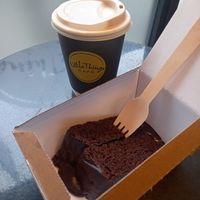 Coconut latte and fudge cake at Little Things Cafe  in Dundee