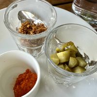 Condiments for the spicy veg curry   at Grand Kitchen in Tokyo