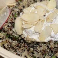 Quinoa with chopped roasted veggies, basil cream, mango sauce and almond cream cheese. Very delicious!!!  at GNOU in Athens