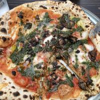 Vegan pizza w mushrooms, basil oil, almond cheese   at Stenmarks Restaurang & Växthus in Trelleborg