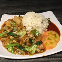 mock meat, veggies and rice  at Compassion Vegetarian Cuisine 慈悅素 in Central Singapore