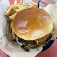 Plant based burger and fries at Dusty's Hideaway in Tacoma