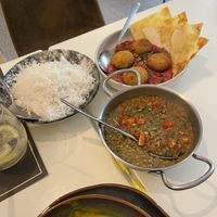 Vegetable soup, lentils, basmati rice and beetroot hummus with falafel.  at Mesa Cultural in Vila Baleira