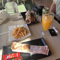 Two felafel wraps (maybe should have asked to have hummus in them) and chips.  at MisterKamil in Ouarzazate