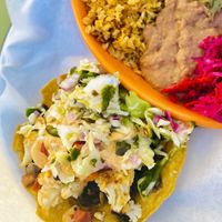 Cauliflower tostada, rice and beans  at Farmer and The Cook Cafe in Ojai