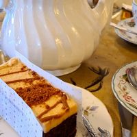 Biscoff cake and tea with soya milk at Meadgate Cafe in Bath