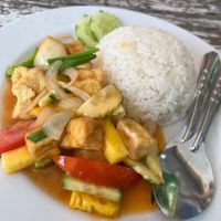 Sweet and sour tofu with rice. It was good but probably my least favourite (not really a fan of sweet and sour). at Genuine Thai Food in Phuket