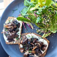 Sprouted bread w/ Mushroom & Cashew cheese at Little Bird Kitchen in Auckland