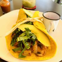 Sourdough tortilla (avocado, beans, potato, mushrooms, vegan chorizo)  at Casa del Café in Huatulco