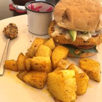 Veggie burger with potatoes   at Casa del Café in Huatulco