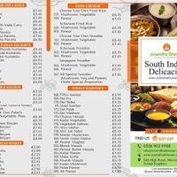 Menu at Anandha Bhavan in North West London