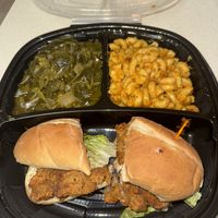 Fysh sandwich with greens and Mac and cheeze  at UnbelieVegan in Fairburn