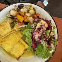 Mustard tofu with roast veggies and salad  at Bio Solo Organico in Buenos Aires