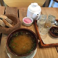 Tasty bread, miso soup and a delicious ginger orange tea at Bio Solo Organico in Buenos Aires