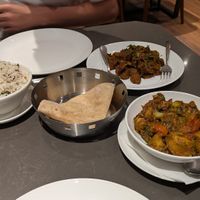 Jeera rice, chapati, soya chunk fry, aloo Gobi (requested vegan) at Rice Boat Pure Vegetarian Restaurant in Alappuzha