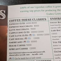 Coffee menu at Endiro Coffee in Kampala