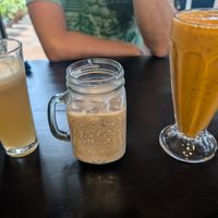 Juice, soy latte, carrot + fruits smoothe at Endiro Coffee in Kampala