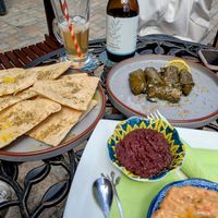 Dolmadakia, pitta bread, tapenade and aubergine dip at Zennoni Book and Tea Room in South East London