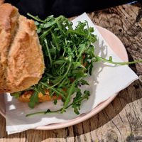 Chicken avocado bun buried under a big pile of rocket at Stach in Haarlem