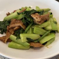 Chinese broccoli stir fried with mock pork  at Guan Im - Ubon in Ubon Ratchathani
