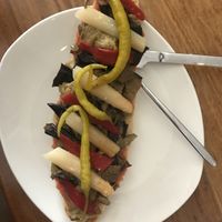 Vegan sandwich, Catalan apparently. With eggplant, peppers, white asparagus. Very taste! 4.95 euro at Cafe 4 Gatos in Granada